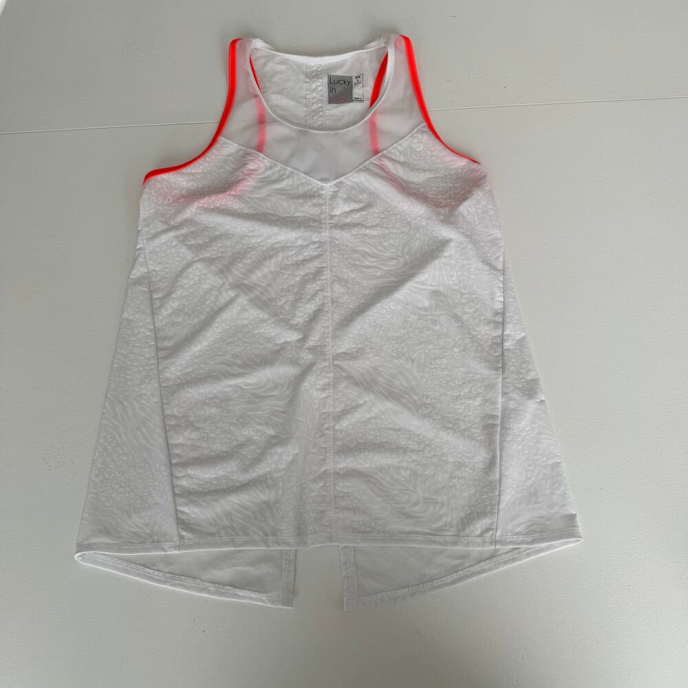 Lucky in Love Wet and Wild Tennis Tank Top White Orange Raquet Sports Small - Picture 2 of 6